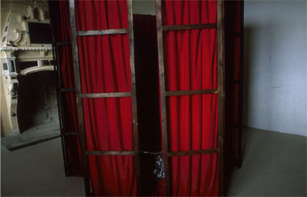 wooden screens with small gap - with pleated red velvet 